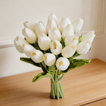 20 Pcs 13.5-Inch White PU Tulips Lifelike Stems
